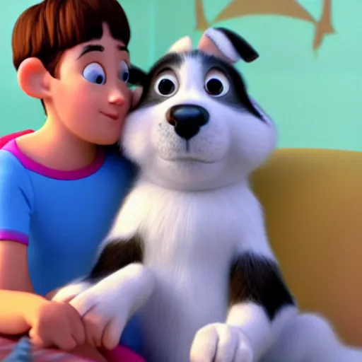 Image similar to insanely cute cuddling dog in pixar remake