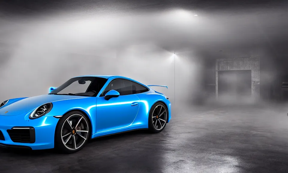 Image similar to photograph of a blue porsche 911 standing in a garage, centered, mist, volumetric light, cinematic lighting, octane render, 4k, ultra realistic