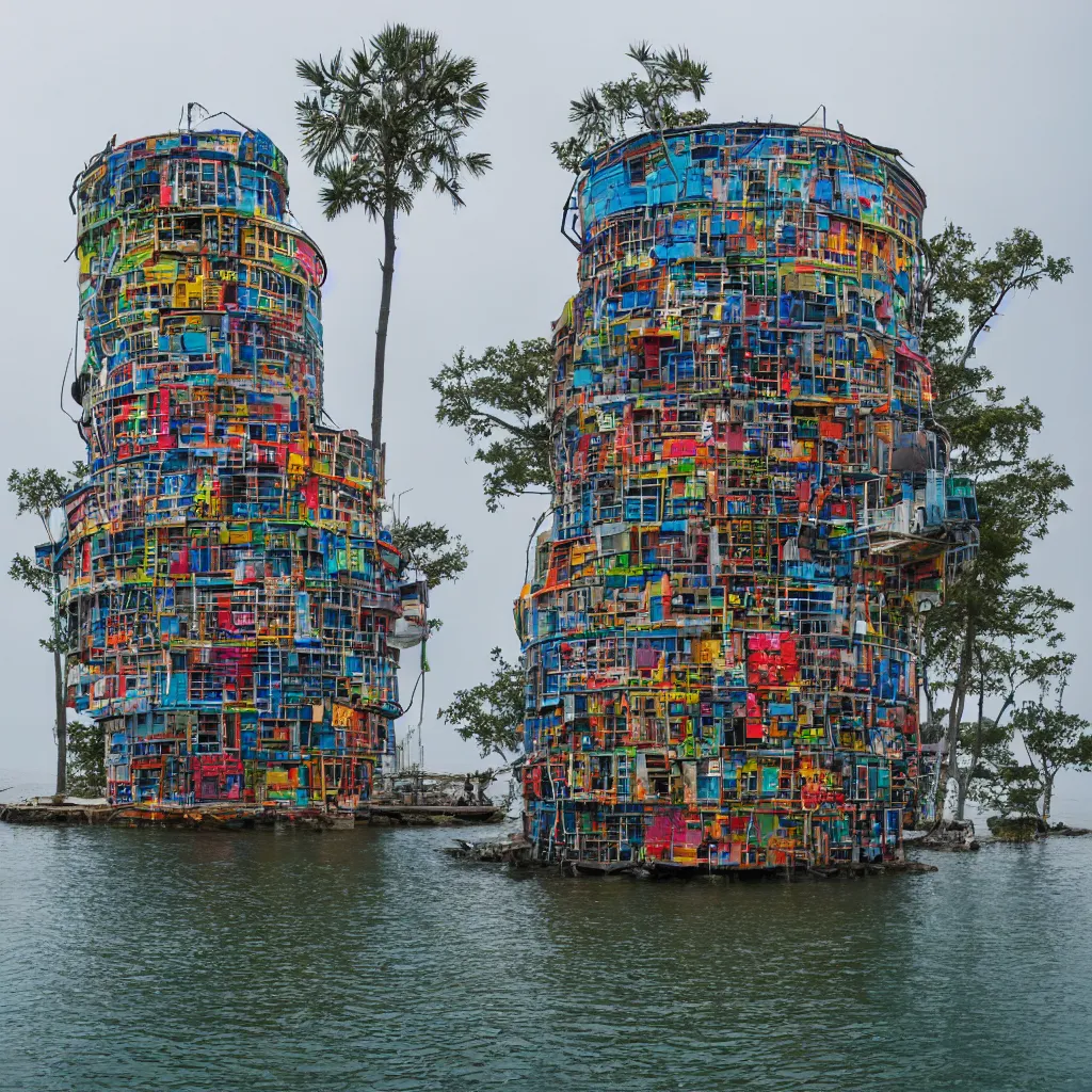 Image similar to a circular tower, made up of colourful makeshift squatter shacks suspended over water, dystopia, sony a 7 r 3, f 1 1, fully frontal view, ultra detailed, photographed by hiroshi sugimoto,