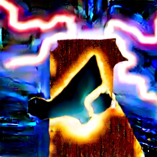 Image similar to a canine thor holding thor's hammer in its paw, dramatic lightning background, flying