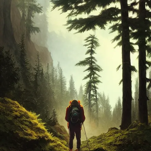 Image similar to explorer detailed man with backpack standing at a forest looking for adventure in the mountains, tall trees, landscape is lush, moody sunset in background, greg rutkowski, alphonse mucha, trending on artstation, artgerm, unreal engine, breathtaking, award winning, highly detailed w 1 0 2 4