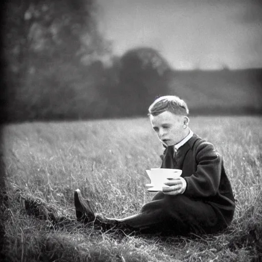 Prompt: ireland in the 1 9 3 0 s. a boy drinking a cup of tea in a field. soft lighting