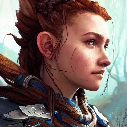 Prompt: highly detailed full-body character art of sad Aloy from Horizon: Zero Dawn, videogame cover art, highly detailed, digital painting, artstation, concept art, smooth, detailed armor, sharp focus, beautiful face, illustration, art by Artgerm and greg rutkowski and alphonse mucha