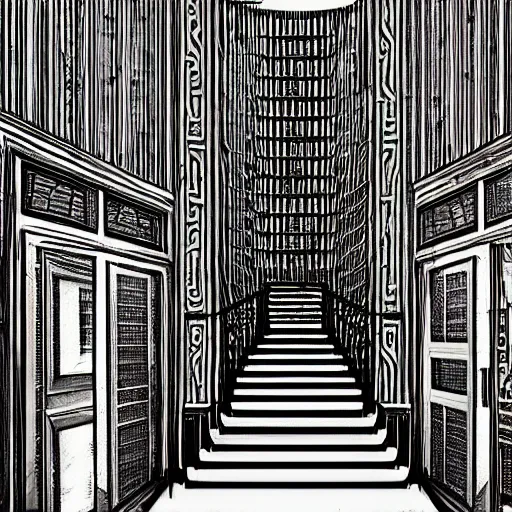 Image similar to a huge bright maze of many doorways and lots of stairs, many doorways, inside a giant mansion, artstation, Junji Ito, epic composition