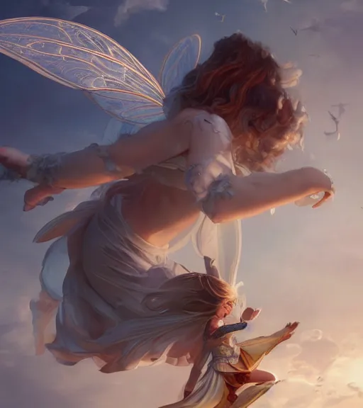 Prompt: fairy full body flying high to the sky, highly detailed, trending on Artstation, Unreal Engine 4k, cinematic wallpaper by Stanley Artgerm Lau, WLOP, Rossdraws, James Jean, Andrei Riabovitchev, Marc Simonetti, and Sakimichan
