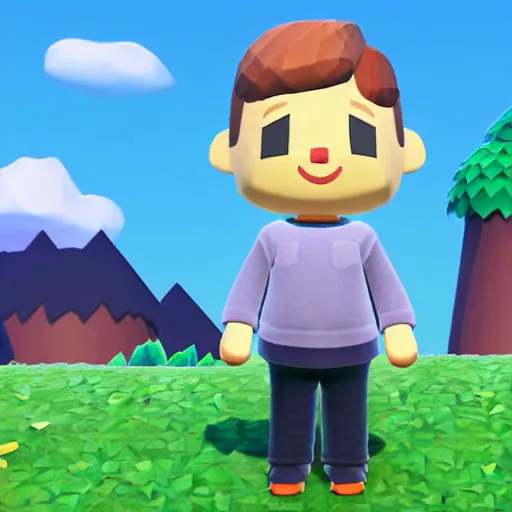 Image similar to low poly human animal crossing character with brown hair brown eyes and a sky blue hoodie and gray pants, 3 d render on purple gradient background