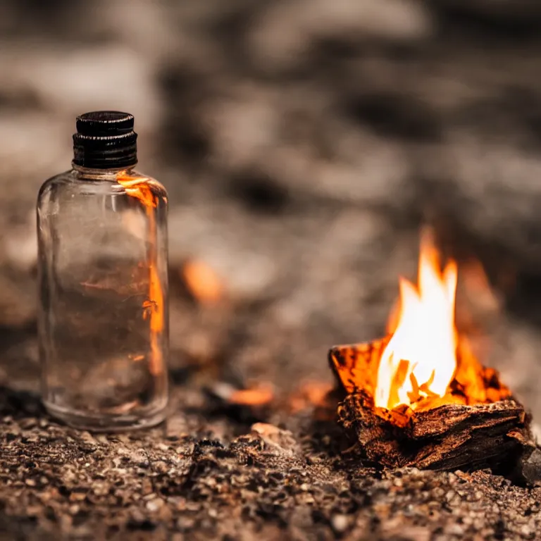 Image similar to close - up of a tiny bottle with a tent and campfire inside. dramatic lighting, night, hyper realistic, highly detailed, 4 k