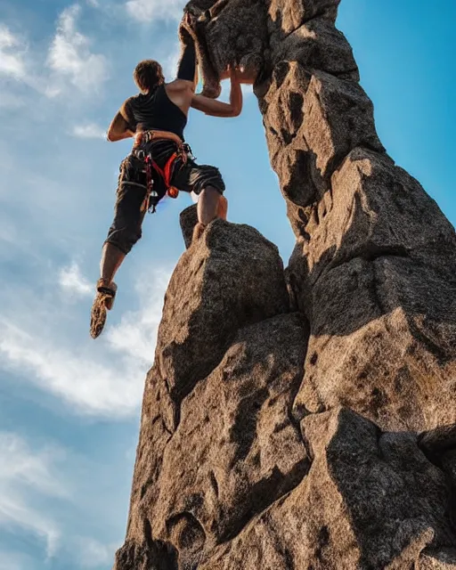 Image similar to climbing the belly of a giant monster, abdominal muscles like a rock wall, scaling a colossus, looking up at the tiny human climbing the monster, gorgeous view, sunset, sunshine rays