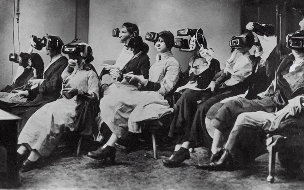 Image similar to 1 9 0 0 s photo of people using iphones ipods virtual reality headsets vr watching hd tv in a movie theater intravenous tube iv in their arms