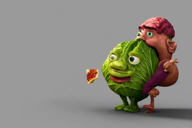 Prompt: cabbage character, walruss character, fat, king, crown, pizza, wood fired oven, cooking pizza, high heat, highly detailed 3 d render, artstation, surrealism, pixar