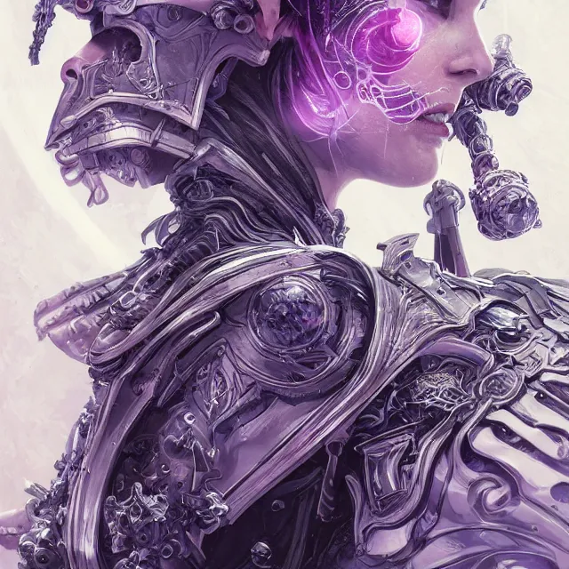 Image similar to close facial portrait of a pale woman in sci - fi armor with a flowing purple, elegant, stoic, intense, ultrafine hyperdetailed illustration by kim jung gi, irakli nadar, intricate linework, sharp focus, bright colors, octopath traveler, final fantasy, hearthstone, highly rendered, global illumination, radiant light, detailed, intricate environment