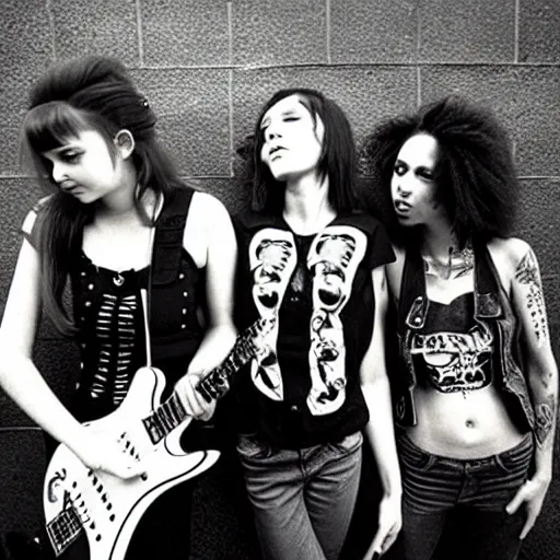 Prompt: Group of 19-year-old women holding electric guitars, shaggy hair, punk rock, riot grrl, hardcore punk, post-hardcore, alternative rock, band promo photo, 1994 photograph