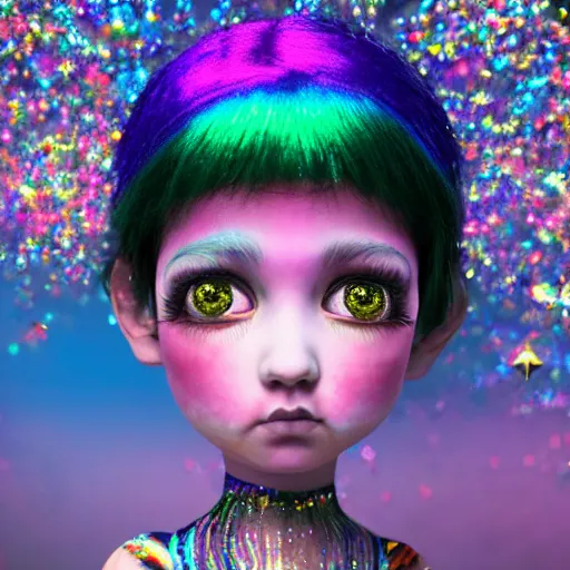 Prompt: a 3 d realistic image of a mythological young girl with rainbow hair looks at the camera, she has sparkles and stickers on her face painting by mark ryden 3 d 8 k ultra detailed