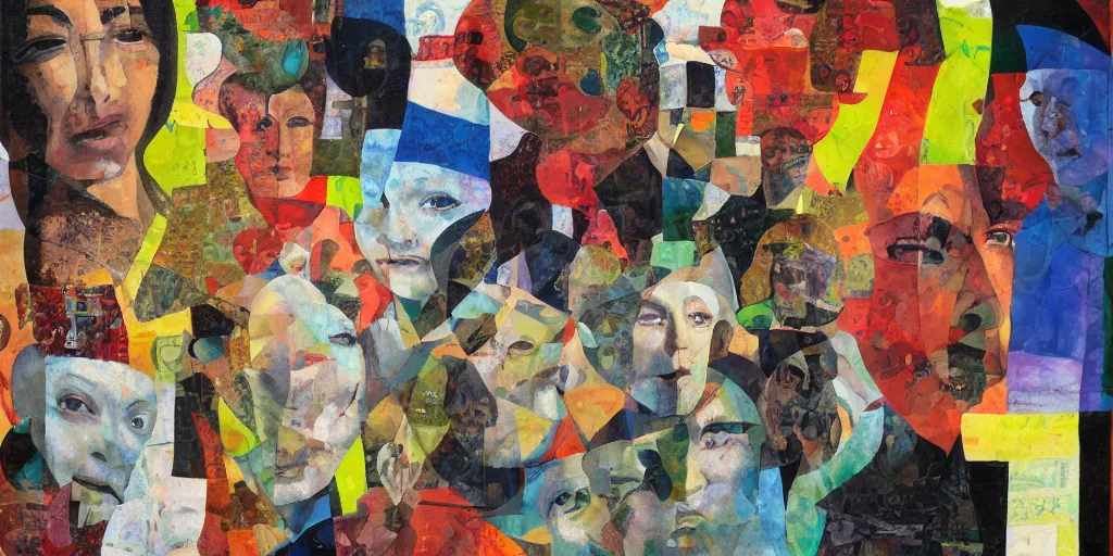 Image similar to people smile, collage, acrylic on canvas, expressionism movement, breathtaking detailed, by blake neubert