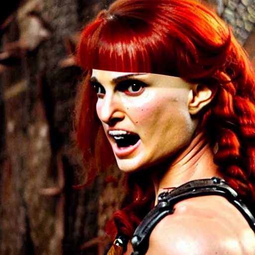 Image similar to natalie portman as red sonja, action scene