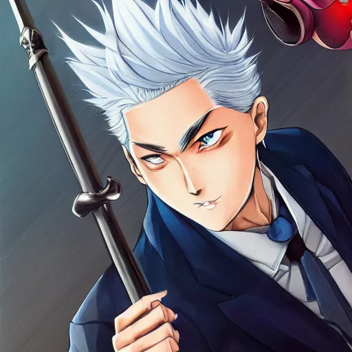 Prompt: semi realistic anime illustration of short slick backed white haired man, wearing dark blue suit, wielding katana, with beautiful hyperdetailed sky blue eyes, facing camera directly, full body shot, full face portrait made by Stanley Artgerm, WLOP, Rossdraws, James Jean Andrei Riabovitchev, Marc Simonetti, Yoshitaka Amano, Artstation