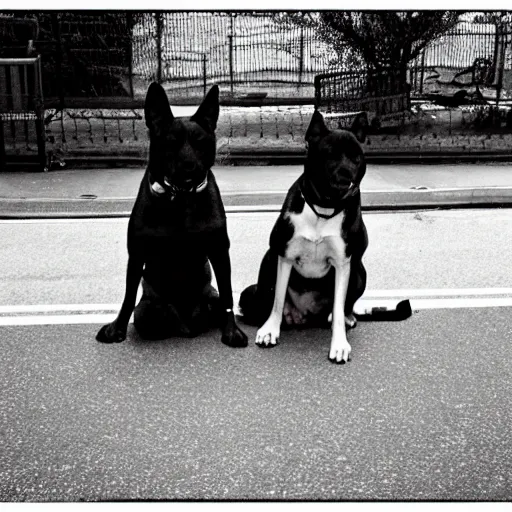 Image similar to !dream a street photo of two dogs sitting in front of the bus