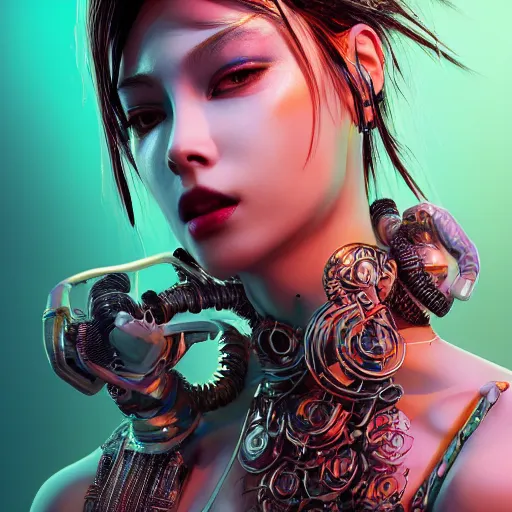 Image similar to the portrait of an absurdly beautiful, graceful, elegant, sophisticated, fashionable cyberpunk gravure idol, an ultrafine hyperdetailed illustration by kim jung gi, irakli nadar, intricate linework, bright colors, porcelain skin, unreal engine 5 highly rendered, cgsociety, global illumination, radiant light, detailed and intricate environment