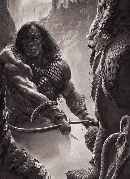 Prompt: portrait, conan the barbarian fighting a anakonda snake, Dynamic lighting, cinematic, establishing shot, extremely high detail, photo realistic, cinematic lighting, pen and ink, intricate line drawings, post processed, concept art, artstation, matte painting, style by Raphael Lacoste, Eddie Mendoza