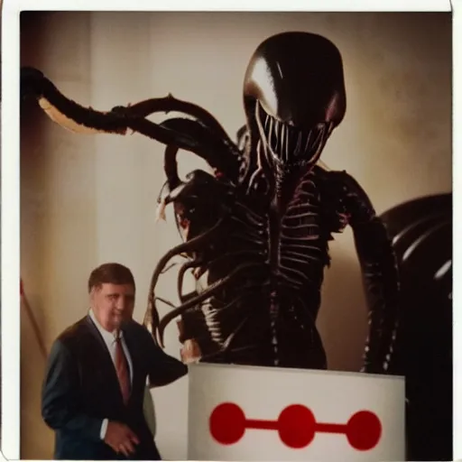 Image similar to polaroid image of xenomorph in a presidential debate against a giant banana