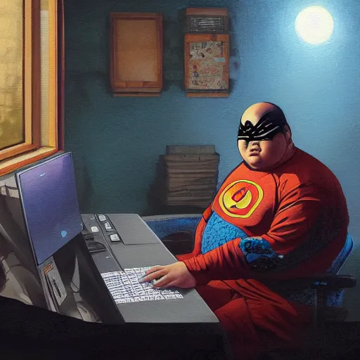 Prompt: an insanely detailed painting of a chubby asian man wearing a homemade superhero costumed, sitting at a computer desk typing on the keyboard, in the style of peter mohrbacher, dramatic lighting and composition, trending on artstation, concept art, comic book, graphic novel