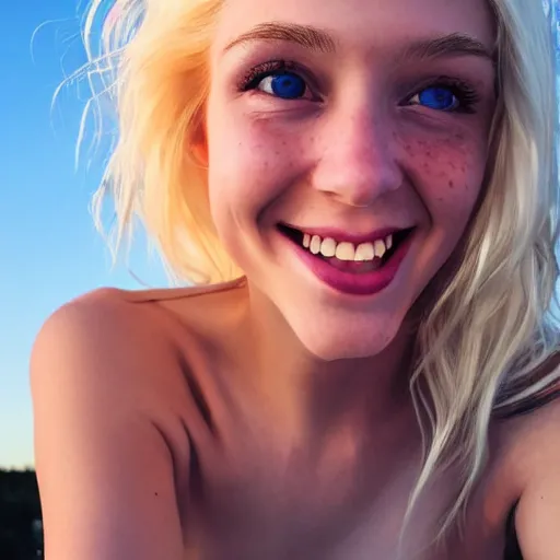 Image similar to beautiful selfie of a cute thin young woman smiling smugly, long light platinum blonde hair, flushed face, small heart - shaped face, cute freckles, light blue eyes, golden hour, 8 k, instagram