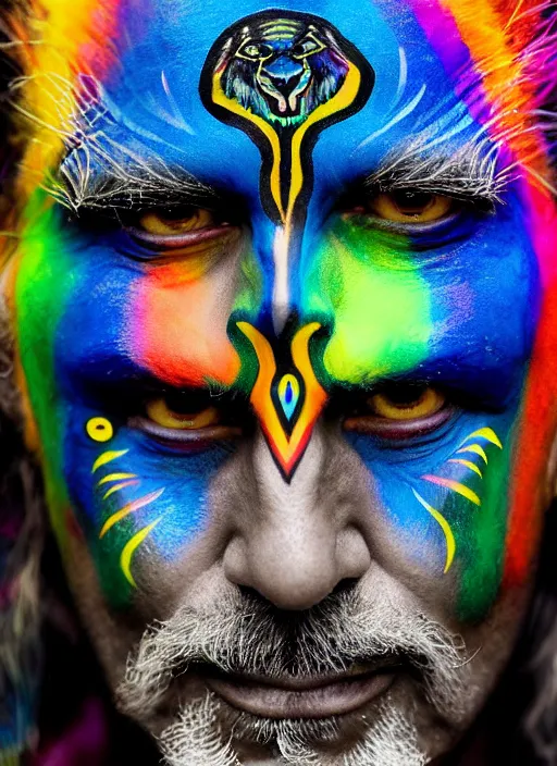 Image similar to photo of a gorgeous Beautiful face Portrait of Magic old shaman with a rainbow panther, face painting, thunders, shaman in the style of stefan kostic, wild, realistic, sharp focus, 8k high definition, insanely detailed, intricate, elegant, art by stanley lau and artgerm