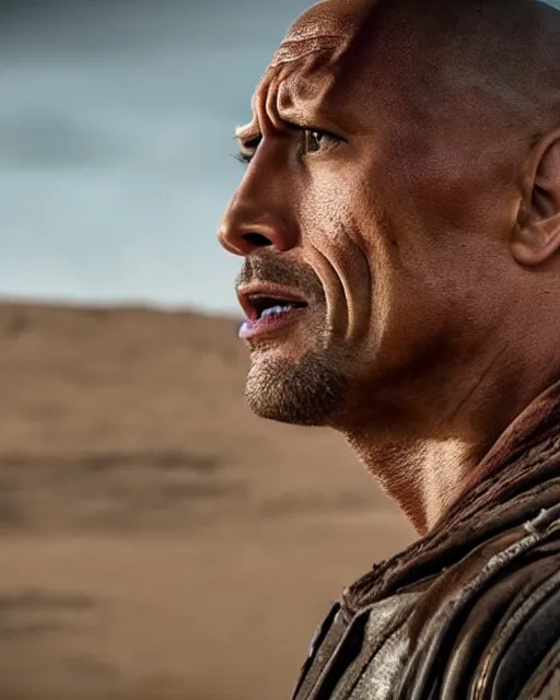 Image similar to film still close up shot of dwayne johnson as max rockatansky in the movie mad max. photographic, photography