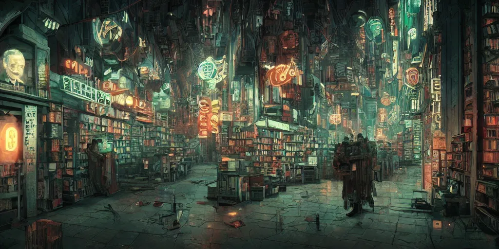 Image similar to cinematic an old jorge luis borges and franz kafka as owners ofan old bookstore full of books, dystopian future, neon lights, sci - fi, night lights, haze, concept art, intricate, in the style of katsuhiro otomo, akira, unreal engine