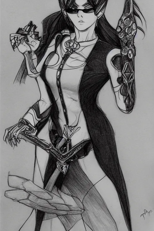 Prompt: Sketch of fully clothed Bayonetta! by Da Vinci