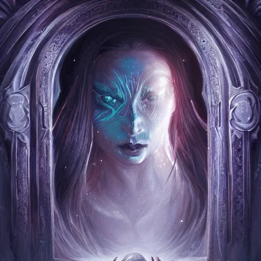 Prompt: abyss goddess looking out from a dark doorway, ultra - realistic fantasy painting, d & d, fantasy, front light, intricate, muscular, highly detailed, digital painting, artstation, concept art, smooth, sharp focus, illustration, art by loish