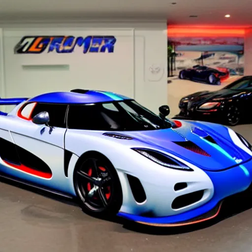Image similar to a Koenigsegg Agera R with a anime livery in a showroom