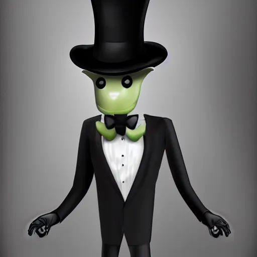 Image similar to an alien wearing a tuxedo and a bowler hat, in a city, photorealistic