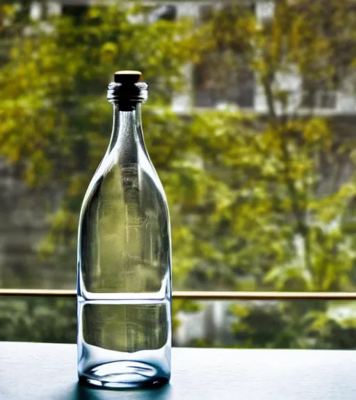 Prompt: a 4 k photorealistic photo of a bottle on a desk infront of a window. good reflections.