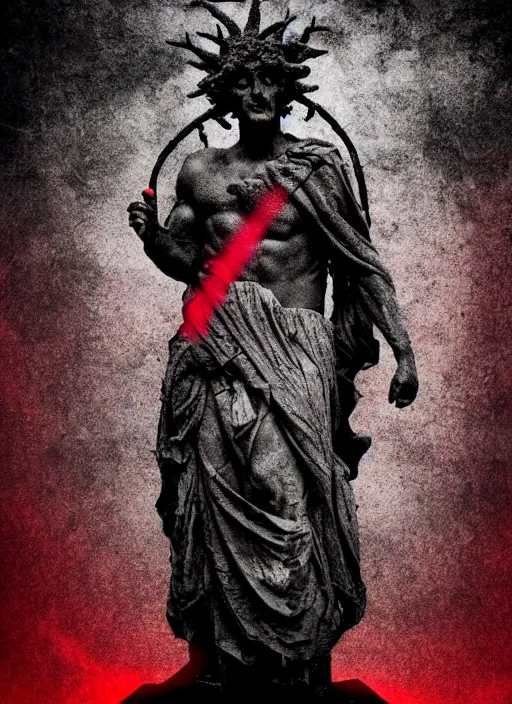 Image similar to dark design poster showing a statue of dionysus, black background with very subtle red and purple design elements, powerful, nekro, vito acconci, thin straight lines, dark, glitch art, neo vaporwave, gritty, layout frame, square, trending on artstation