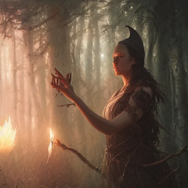 Image similar to close up portrait of a beautiful female witch casting a spell, magical forest background fantasy atmosphere. art by greg rutkowski. highly detailed, intricate, lifelike. sci - fi, fantasy, magical, nikon d 8 5 0.