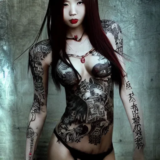 Image similar to gorgeous chinese girl in tattoos, by luis royo, in clothes, top cinematic lighting, cinematic mood, hyperrealism, full-length