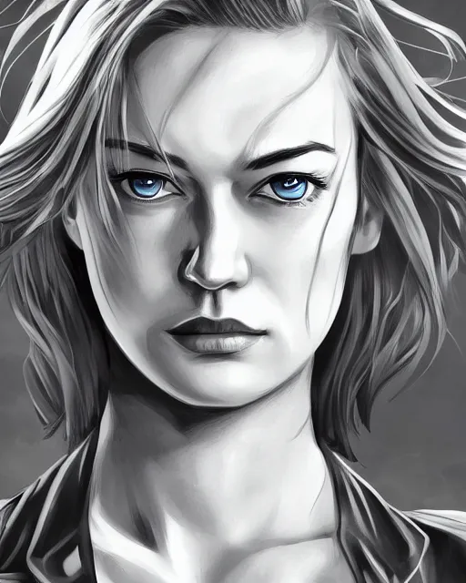 Image similar to yvonne strahovski, full shot, very anime, digital art, captures emotion and movement, ambient lighting, perfect composition, dynamic lighting, detailed face, very extremely detailed blue eyes, smooth shading