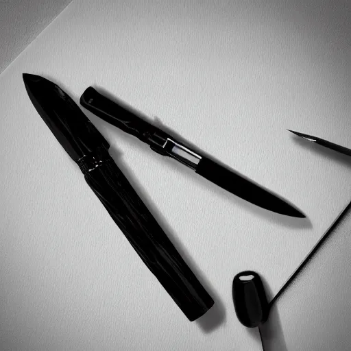 Prompt: a photo of an ink pen that is also knife by junji ito, product photo