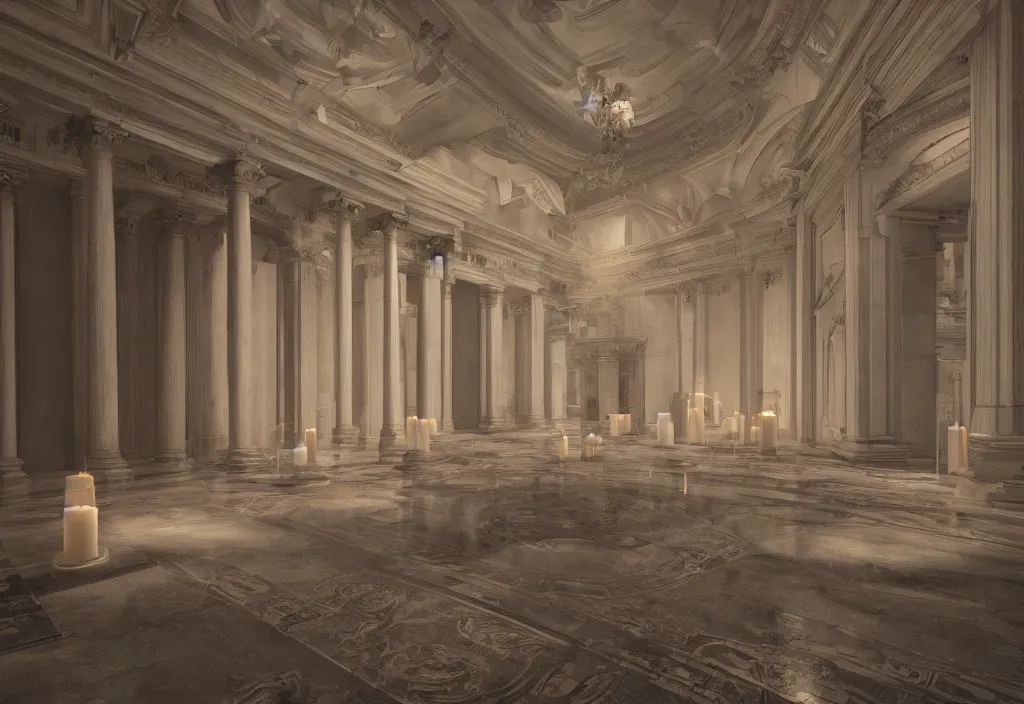 Prompt: a vast neoclassical center, mysterious, candlelit, octane 2. 0 render, photo, hyperrealist, unreal engine, cryo engine, symmetrical