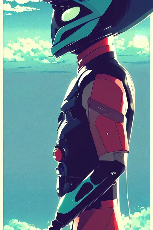 Image similar to portrait of a kamen rider rx by ilya kuvshinov, cloudy sky background lush landscape ln illustration concept art anime key visual trending pixiv by victo ngai fanbox by greg rutkowski makoto shinkai takashi takeuchi studio ghibli