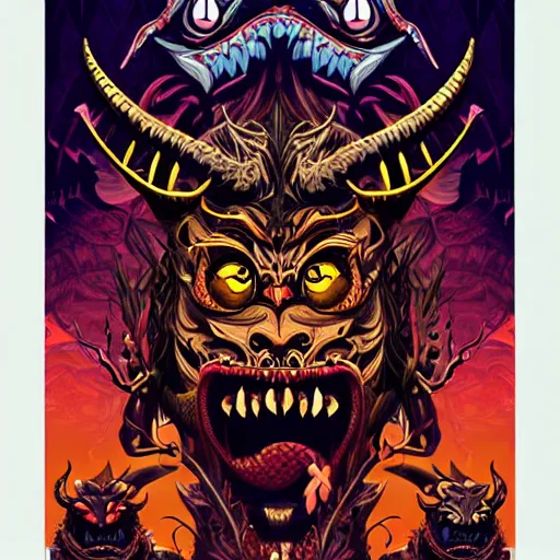 Prompt: barong family member, wiwek, mara demon, one single tribe member, jungle, one single mask, dark, ancient warrior, snake, dragon, devil, satan, diablo, evil, darkness, hell, horns, tribal, inner glow, art by dan mumford and justin gerard