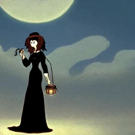 Image similar to a woman in a black corset holding a lantern at night, a screenshot by studio ghibli, tumblr, symbolism, mystical, enchanting, fantasy film