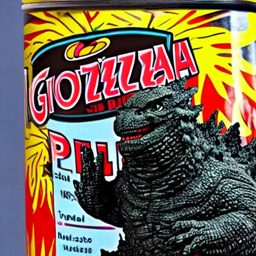 Image similar to godzilla with his hand stuck in a can of pringles