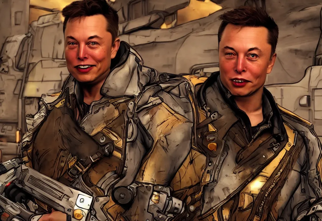 Image similar to elon musk in borderlands elon musk in the video game borderlands, gameplay screenshot, close up, 3 d rendering. unreal engine. amazing likeness. very detailed.