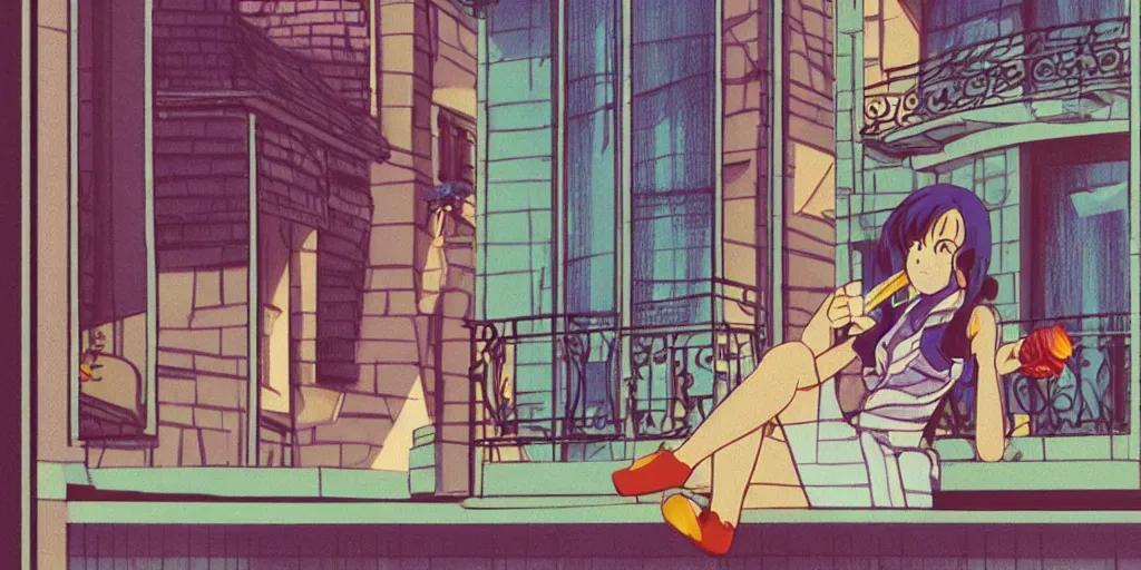 Prompt: woman having a smoke on her balcony in paris, sprite, vaporwave nostalgia, directed by beat takeshi, visual novel cg, 8 0 s anime vibe, kimagure orange road, maison ikkoku, sketch by osamu tezuka, directed by makoto shinkai and beat takeshi