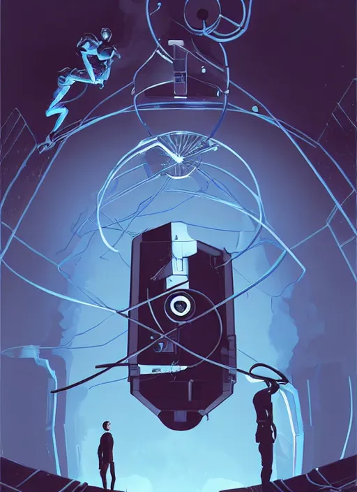 Image similar to poster artwork by Michael Whelan and Tomer Hanuka, of the game Portal, from Valve, Aperture Science, clean