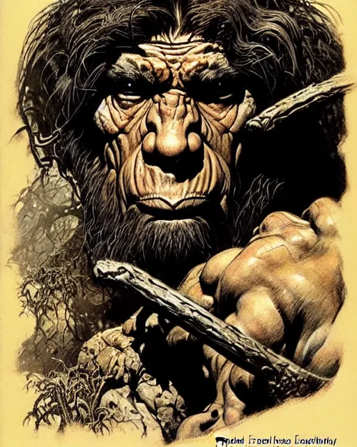 Prompt: neanderthal read science book about him, heavey metal magazine cover, character portrait, portrait, close up, concept art, intricate details, highly detailed, in the style of frank frazetta, esteban maroto, richard corben, pepe moreno, matt howarth, stefano tamburini, tanino liberatore, luis royo and alex ebel