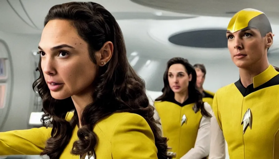 Image similar to Gal Gadot, wearing a yellow uniform, is the captain of the starship Enterprise in the new Star Trek movie