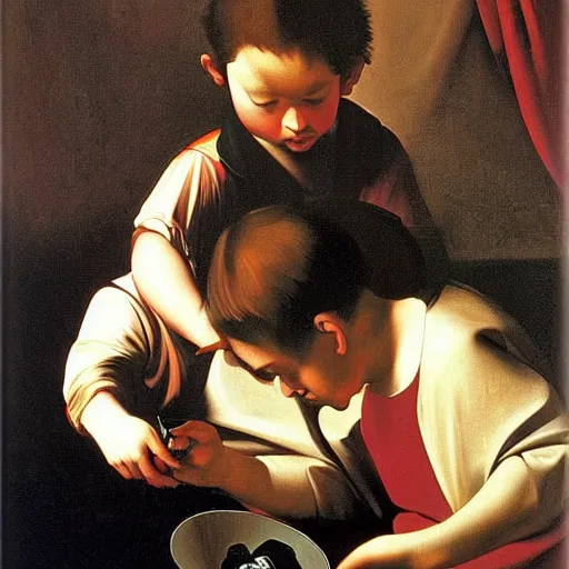 Prompt: kid playing games on his iphone, painting by caravaggio